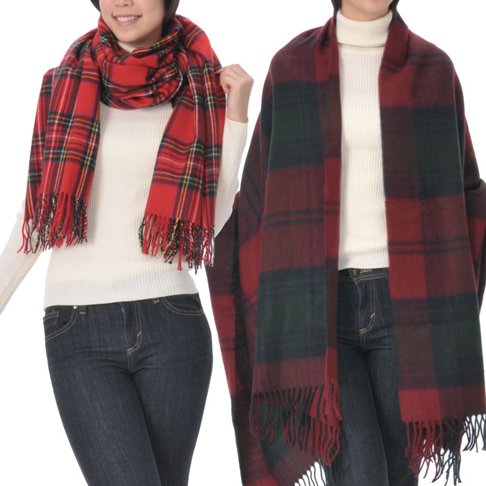 レディース チェック ストール 大判 厚手 タータン マフラー かわいい 可愛い レッド 赤 カシミヤタッチ(女性 おしゃれ あったか 暖かい ふわふわ ひざ掛け 冬 冬物 ギフト入学 誕生日 クリスマス プレゼント(贈り物、贈物)
