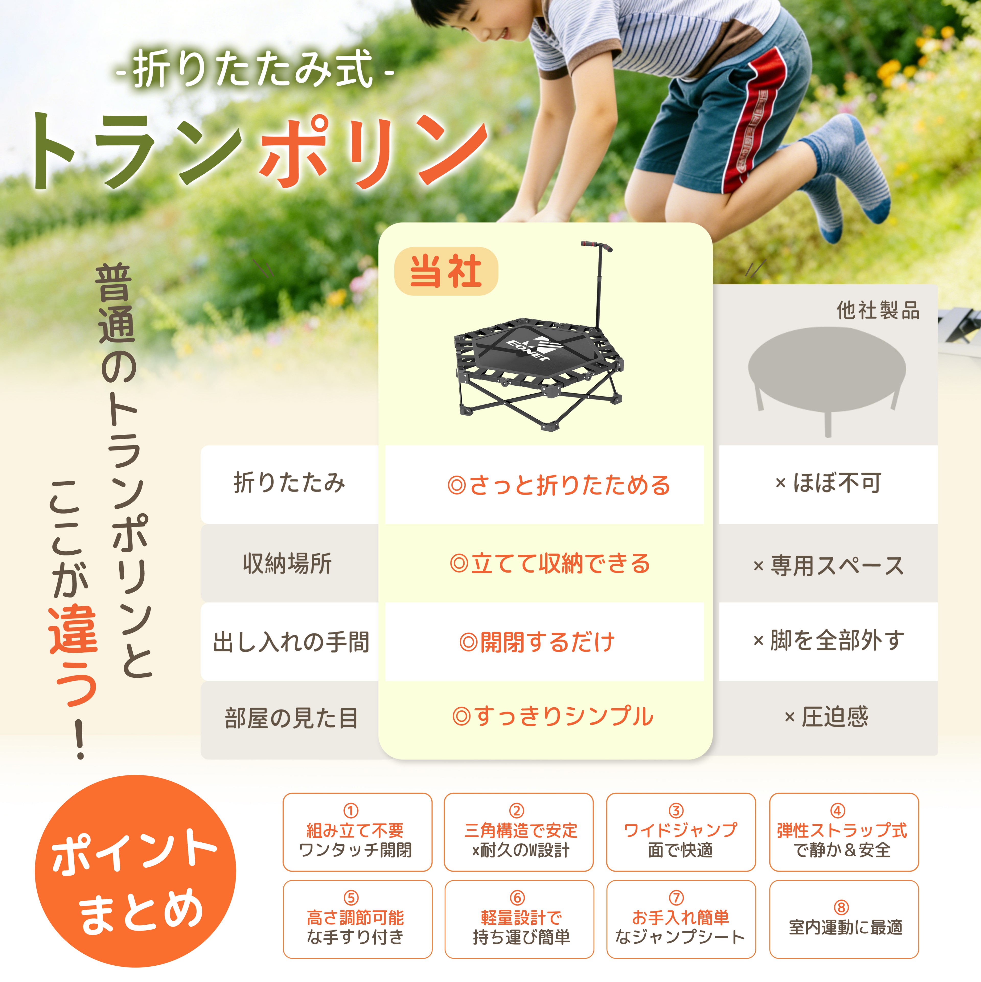 トランポリン 組立不要 折りたたみ 高さ調整 耐荷重225kg 静音 男の子 女の子 キッ...