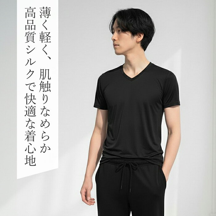 シルク100% シルクファインタッチメンズV首半袖シャツ シルク シルクインナー Tシャツ シルクマルベリー 肌着 インナー フラットシーマ 絹糸 通年 メンズ 下着 肌着 保温 保湿 敏感肌 M L LL 父の日 メール便1点まで 23531 【L】 2