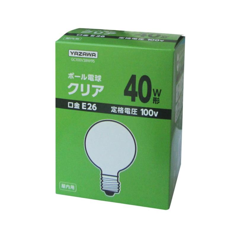 ヤザワコーポレーション ボール電球 40W形 径95mm クリア GC100V38W95サイズ(約):幅95×奥行95×高さ127mm本体重量(約):53g口金:E26定格電圧:100V、消費電力:38W定格寿命:2000時間