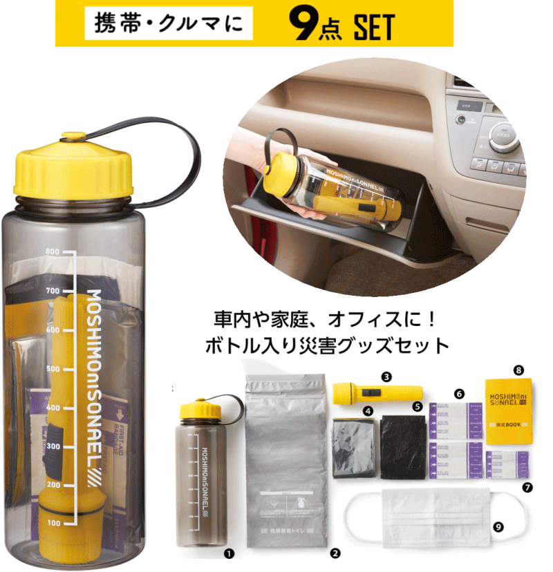 防災セット モシモニソナエル 防災ボトル9点セット 地震 災害 社内や家庭、オフィスに！収納 携帯 ボトルにまとまる LEDライト アルミシート 携帯簡易トイレ ばんそうこう マスクのサムネイル