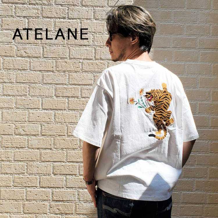 乐天商城 - ATELANE アテレーン トラ 花 刺繍 半袖Tシャツ メンズ 天竺 半袖 Tシャツ 少しルーズなシルエット ドロップショルダー カットソー クルーネック ショートスリーブ 綿100％ レディース 男女兼用 ユニセックス トップス