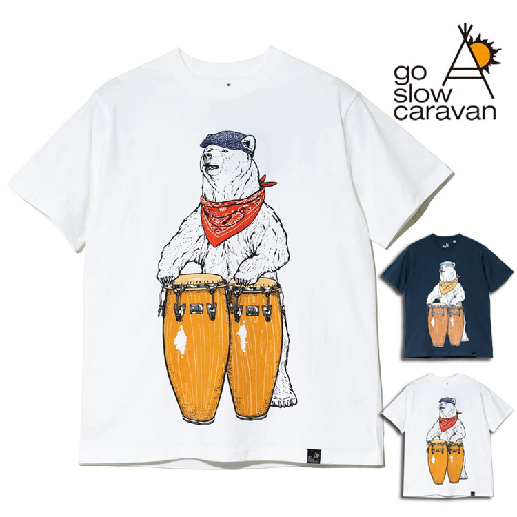 乐天商城 - ゴースローキャラバン コンガクマ 半袖Tシャツ go slow caravan 熊 ハンチング バンダナ 打楽器 プリント カットソー クルーネック 半袖 Tシャツ 綿100% USAコットン メンズ レディース ユニセックス 男女兼用 フェス 遊び心 デイリーウェア 外遊び アウトドア キャンプ