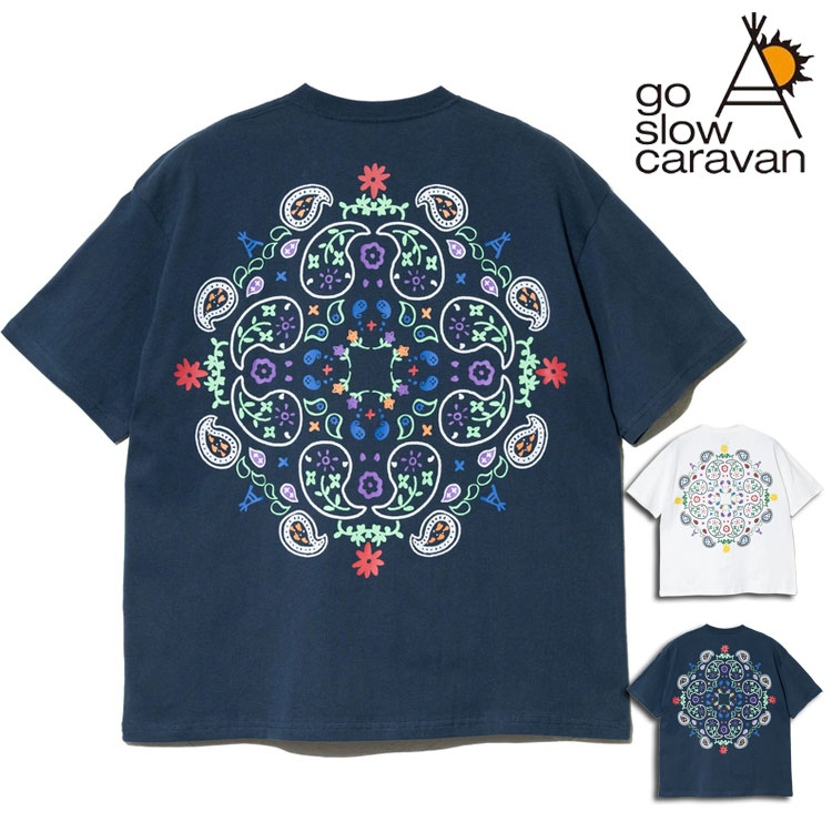 乐天商城 - ゴースローキャラバン ペイズリー柄 刺繍ポケット 半袖Tシャツ メンズ レディース ゆったり シルクスクリーン プリント バックプリント ユニセックス ゆったり シルエット コットン クルーネック 半袖 Tシャツ 男女兼用 ユニセックス アウトドア キャンプ フェス 外遊び