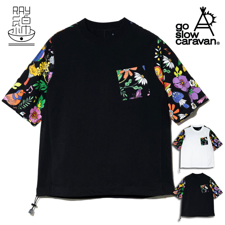 樂天商城 - ゴースローキャラバン RAY綿 レーヨンコットン 半袖Tシャツ メンズ レディース 接触冷感 ドライタッチ 抗ピリング ポケット付き ハッピーフラワー柄 切替デザイン 裾ドローコード 半袖 おしゃれ 夏 Tシャツ ユニセックス 男女兼用 トップス アウトドア キャンプ フェス