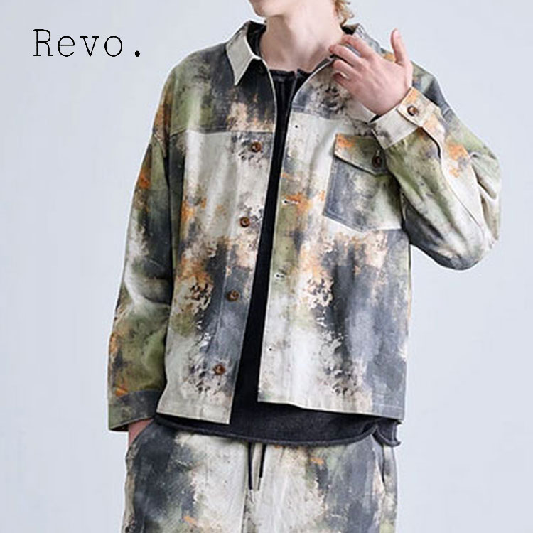 乐天商城 - ペインティングツイル G ジャケット メンズ ジャケット Revo. ペインティング柄 総柄 ツイルGジャン グラデーションプリント ルーズシルエット トラッカージャケット スプリングジャケット オーバーサイズ シルエット 古着ライク イージー ワイドパンツ セットアップ可