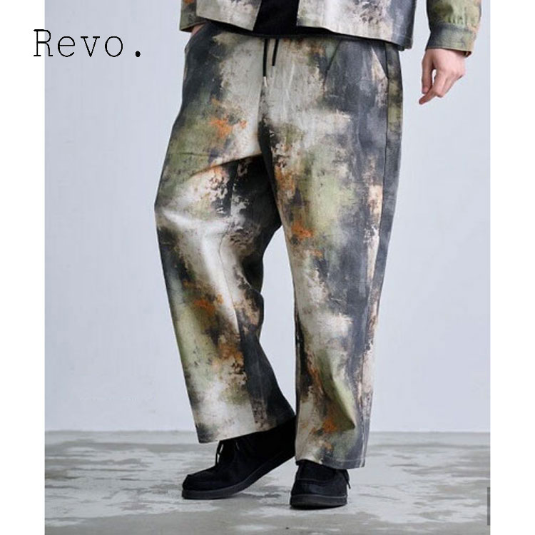 乐天商城 - ペインティングツイル イージーパンツ メンズ パンツ Revo. ペインティング柄 総柄 イージー ワイドパンツ グラデーションプリント ルーズシルエット カジュアル ストリートスタイル ウエストは紐＆ゴム 古着ライク ペインティングツイルジャケット セットアップ可