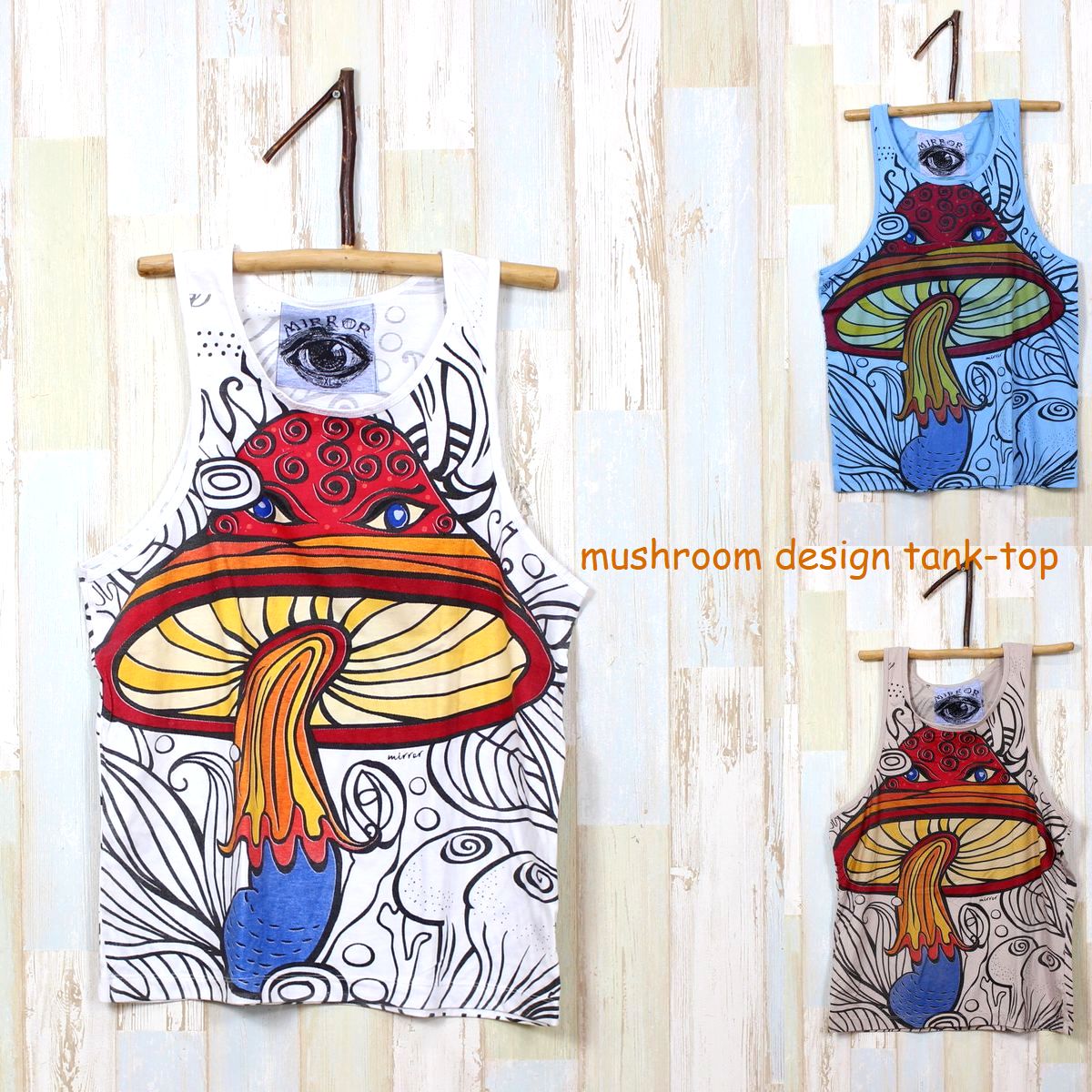 タンクトップ 【マッシュルーム】キノコ メンズタンクトップ エスニック アジアン ユニセックス タンクトップメンズ オーバーサイズ ノースリーブ サイケ おしゃれ