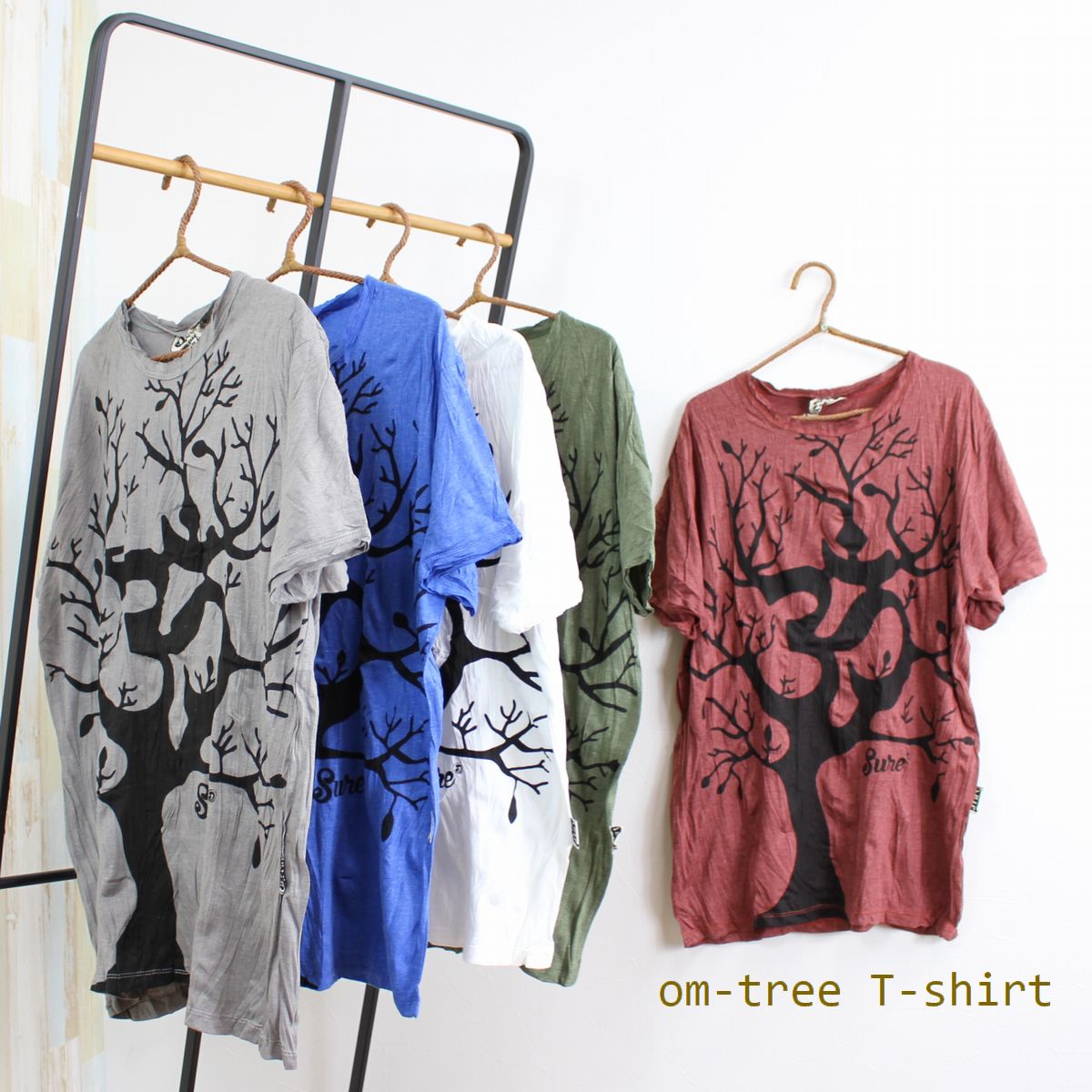 Rakuten - オームツリー柄Tシャツ 全5色 男女兼用 エスニック アジアン メンズ レディース ユニセックス 民族 シワ加工 クリンクル加工 大きいサイズ ゆったりサイズ 衣装 制服