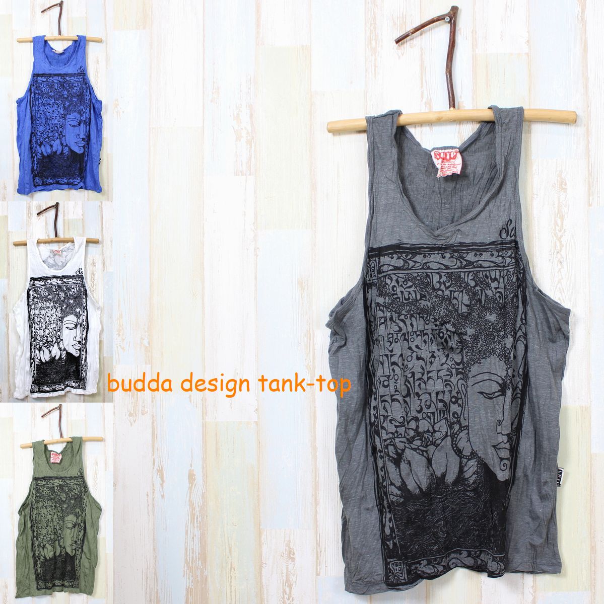 Rakuten - ブッダ柄 タンクトップ メンズ Lサイズ コットン エスニック アジアン シワ加工 夏服 フェス リゾート タイ製 ノースリーブ