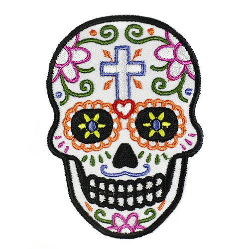 メキシコ シュガースカル（ドクロ）刺繍アイロンワッペン・アップリケ メキシカンスカル カラベラ 死者の日【メール便対応可】