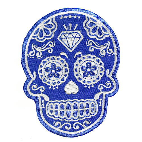 メキシコ シュガースカル（ドクロ）刺繍アイロンワッペン・アップリケ ブルー（青） メキシカンスカル カラベラ 死者の日【メール便対応可】