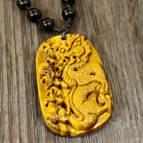 【一点物】龍（ドラゴン） タイガーアイ 彫刻 ブラックオニキス チェーン ネックレス 長さ調整可能 ペンダント カービング 手彫り 天然石【送料無料♪】