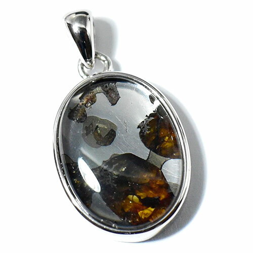 【一点物】パラサイト隕石(石鉄隕石) オーバル スターリングシルバー ペンダントトップ 幅：14×26mm 【..
