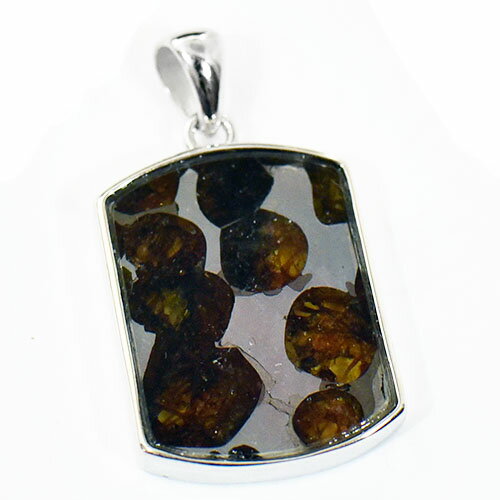 【一点物】パラサイト隕石(石鉄隕石) プレート型 スターリングシルバー ペンダントトップ サイズ 17×30..