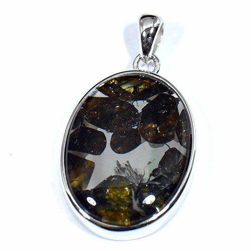 【一点物】パラサイト隕石(石鉄隕石) オーバル スターリングシルバー ペンダントトップ 幅：16×30mm 【..