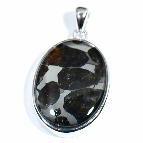 【一点物】パラサイト隕石(石鉄隕石) オーバル スターリングシルバー ペンダントトップ 幅：16×30mm 【..