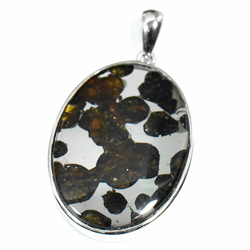 【一点物】パラサイト隕石(石鉄隕石) オーバル スターリングシルバー ペンダントトップ 幅：24×42mm 【..