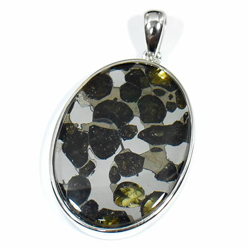 【一点物】パラサイト隕石(石鉄隕石) オーバル スターリングシルバー ペンダントトップ 幅：24×42mm 【..