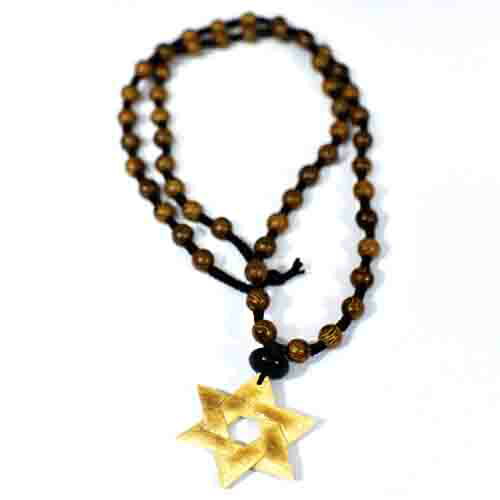 【一点物】六芒星（ダビデの星） マンモス牙 彫刻 緑檀ビーズ ネックレス 化石【送料無料】