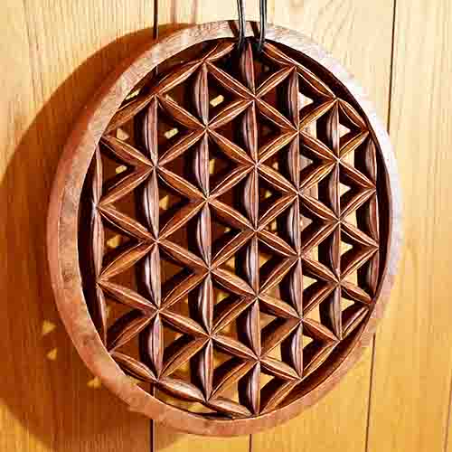 【一点物】フラワーオブライフ（生命の花）チークウッド カービング（彫刻） 壁掛け 直径：294mm チーク材 バリ島【送料無料♪】