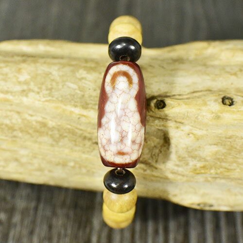 【一点物】老礦朱砂天珠 観音天地天珠 白檀（マイソール産） ブレスレット 手首周り：18cm 西蔵 チベット密教 DZI BEADS【送料無料】￢