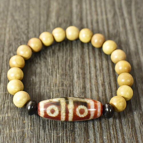 【一点物】老礦朱砂天珠 四眼天珠 白檀（マイソール産） ブレスレット 手首周り：18cm 西蔵 チベット密教 DZI BEADS【送料無料】￢