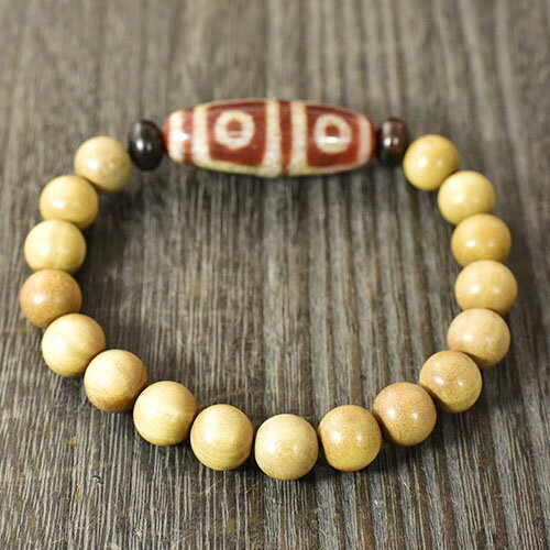 【一点物】老礦朱砂天珠 四眼天珠 白檀（マイソール産） ブレスレット 手首周り：18cm 西蔵 チベット密教 DZI BEADS【送料無料】￢