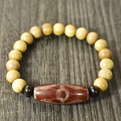 【一点物】老礦朱砂天珠 貴人天珠 白檀（マイソール産） ブレスレット 手首周り：18cm 西蔵 チベット密教 DZI BEADS【送料無料】￢