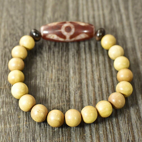 【一点物】老礦朱砂天珠 貴人天珠 白檀（マイソール産） ブレスレット 手首周り：18cm 西蔵 チベット密教 DZI BEADS【送料無料】￢