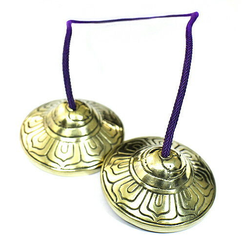 チベット密教 ティンシャ（チベタンベル） ロータス(蓮花) 7メタル 直径：61mm ヒモ色：紫 ｜ヨガ 浄化 癒し 瞑想 ヒーリング チャクラ