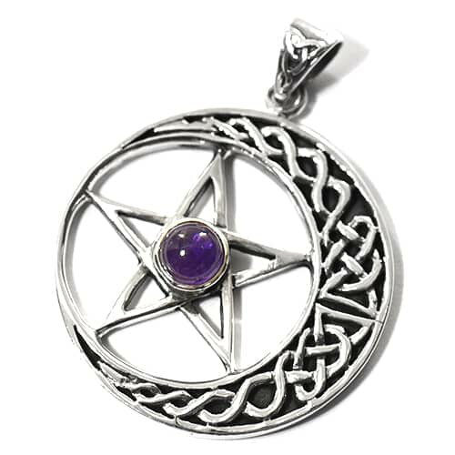 【PETER STONE】五芒星（ペンタグラム）＆三日月 アメジスト スターリングシルバー ペンダントトップ ペンタクル 三日月と星 四大元素 陰陽道 五行道 陰陽五行説 安倍晴明 魔よけ 護符 和柄【送料無料】