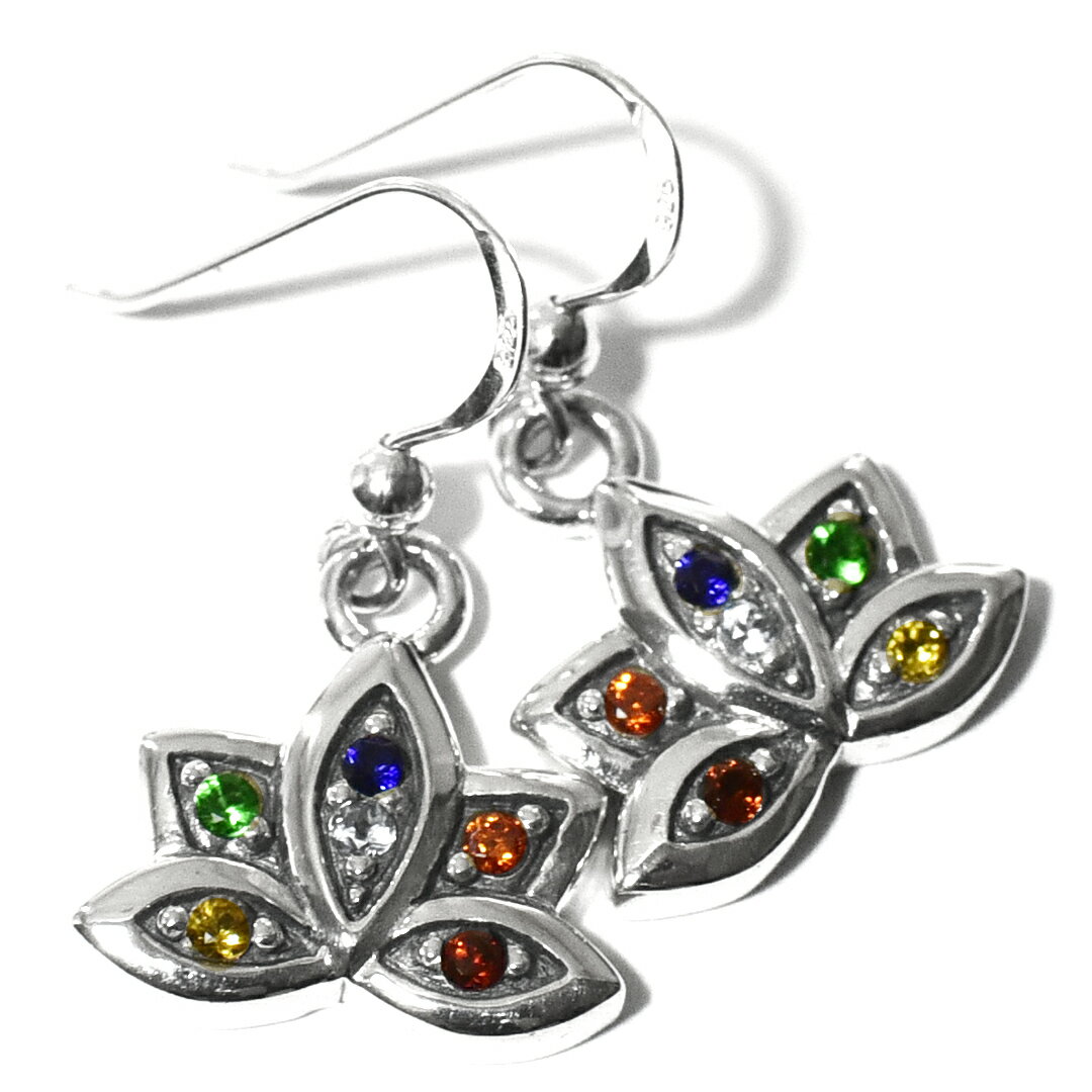 【PETER STONE】ロータス（蓮花） セブンチャクラ キュービックジルコニア スターリングシルバー ピアス（対、セット）【送料無料】