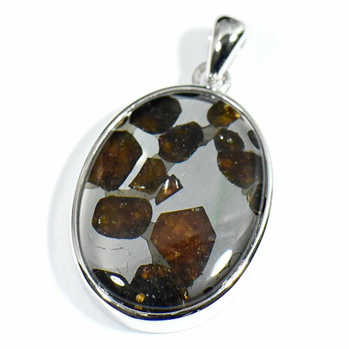 【一点物】パラサイト隕石(石鉄隕石) オーバル スターリングシルバー ペンダントトップ 幅：16×30mm 【..