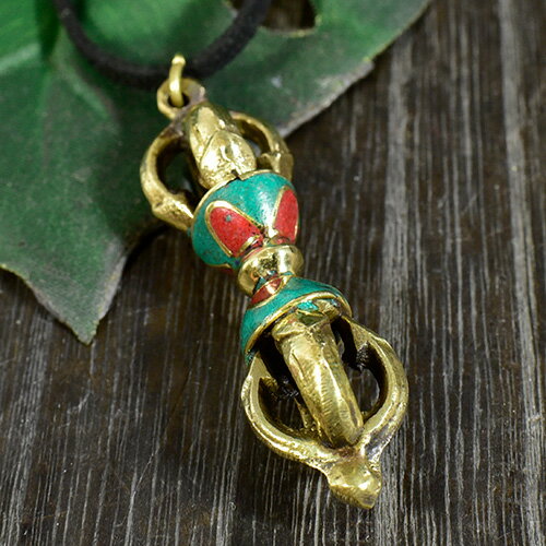 チベット密教 法具 金剛杵(バジュラ） ターコイズ インレイ加工 ペンダントトップ【メール便対応可】