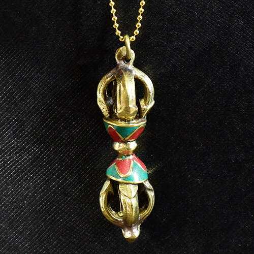 チベット密教 法具 金剛杵(バジュラ） ターコイズ インレイ加工 ペンダントトップ【メール便対応可】