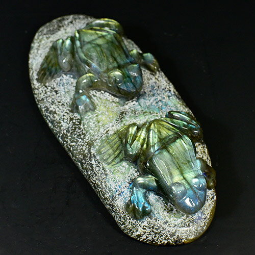 【一点物】高品質ラブラドライト 2匹の蛙（カエル） 彫刻 置物【送料無料】