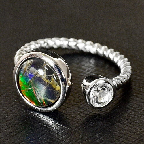 【一点物】高品質アンモライト ホワイトトパーズ シルバー リング（指輪） AA＋グレード サイズ調整可..