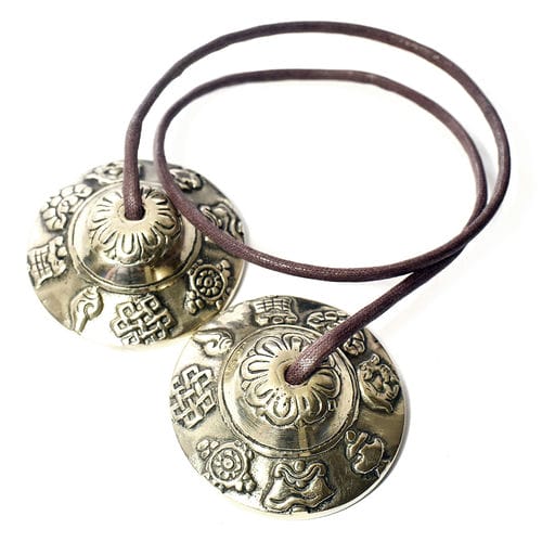 チベット密教 ティンシャ（チベタンベル） 八吉祥（八つの幸運のシンボル） ミニ 直径：48mm ヒモ：茶色 ヨガ ｜ヨガ 浄化 癒し 瞑想 ヒーリング チャクラ