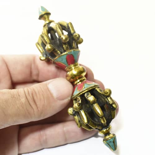 チベット密教 法具 金剛杵(バジュラ） 九鈷杵 ターコイズ インレイ加工 11cm 115g （ライトブルー）
