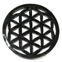 【一点物】フラワーオブライフ(生命の花)ブラック(黒) チークウッド カービング(彫刻) 壁掛け 直径:200mm【送料無料】¬