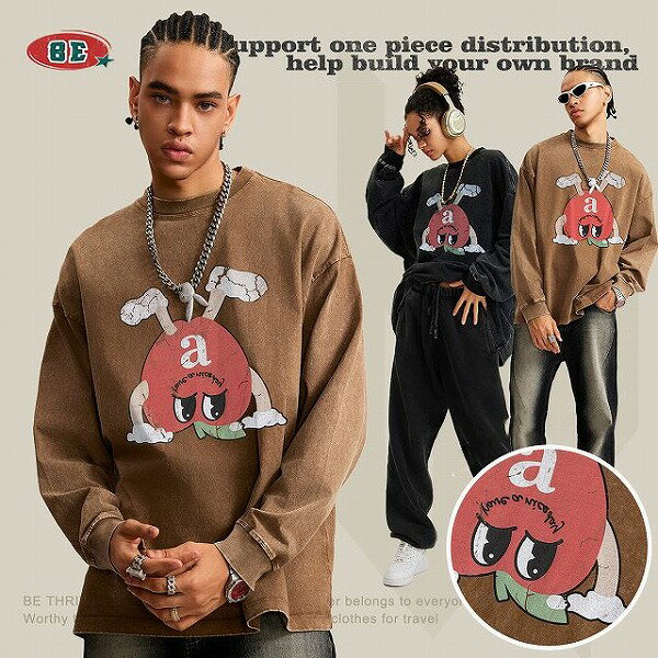 メンズファッション ビンテージ風 長袖 Tシャツ 男女兼用 ストリート系 トップス 春夏 2024新作★全2色