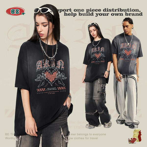 メンズファッション ビンテージ風 半袖Tシャツ 男女兼用 ストリート系 トップス 春夏 2024新作★全2色