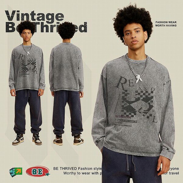 メンズ 生地270g ビンテージ風 長袖 Tシャツ 男女兼用 ストリート系 トップス 春秋 2024新作★