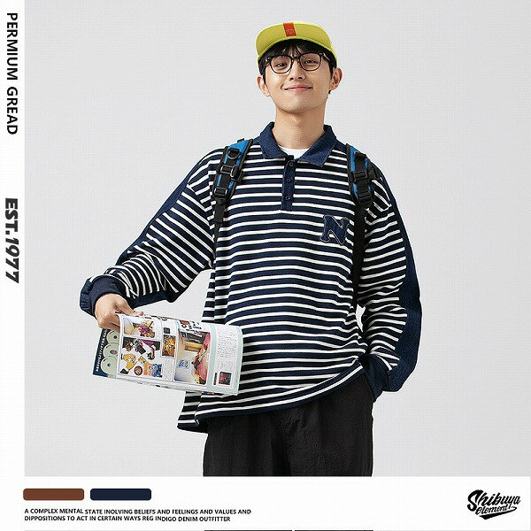 メンズファッション ボーダー柄 長袖 ポロシャツ 男女兼用 ストリート系 トップス 秋冬 2023新作★全2色