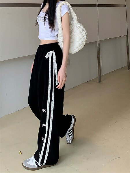 気質 レトロ ハイウエスト ロングパンツ リボン カジュアルパンツ