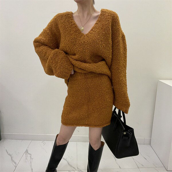 気質 若く見え 韓国風 chic Vネック ニット セットアップ