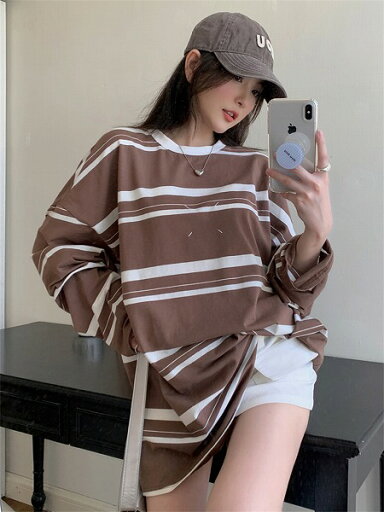 ins超人気 韓国系 デザイン性抜群 ストライプ柄 長袖 Tシャツ ins超人気 韓国系 デザイン性抜群 ストライプ柄 長袖 Tシャツ