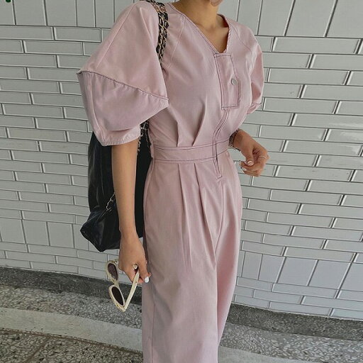 若く見え パフスリーブ ロングパンツ パンツ丈 オールインワン/サロペット 若く見え パフスリーブ ロングパンツ パンツ丈 オールインワン/サロペット