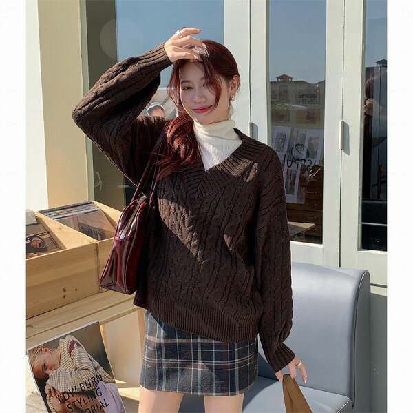 カジュアル レトロ ニット生地 Vネック プルオーバー セーター/カットソー